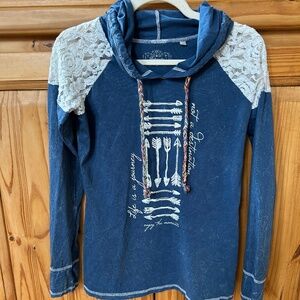 Panhandle Shirt Long Sleeve Hooded Top Lace Shoulders 100% Cotton Women Large